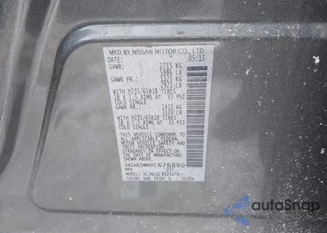 2015 Nissan Pathfinder Sl z USA, uszkodzony, nr VIN 5N1AR2MM6FC676880